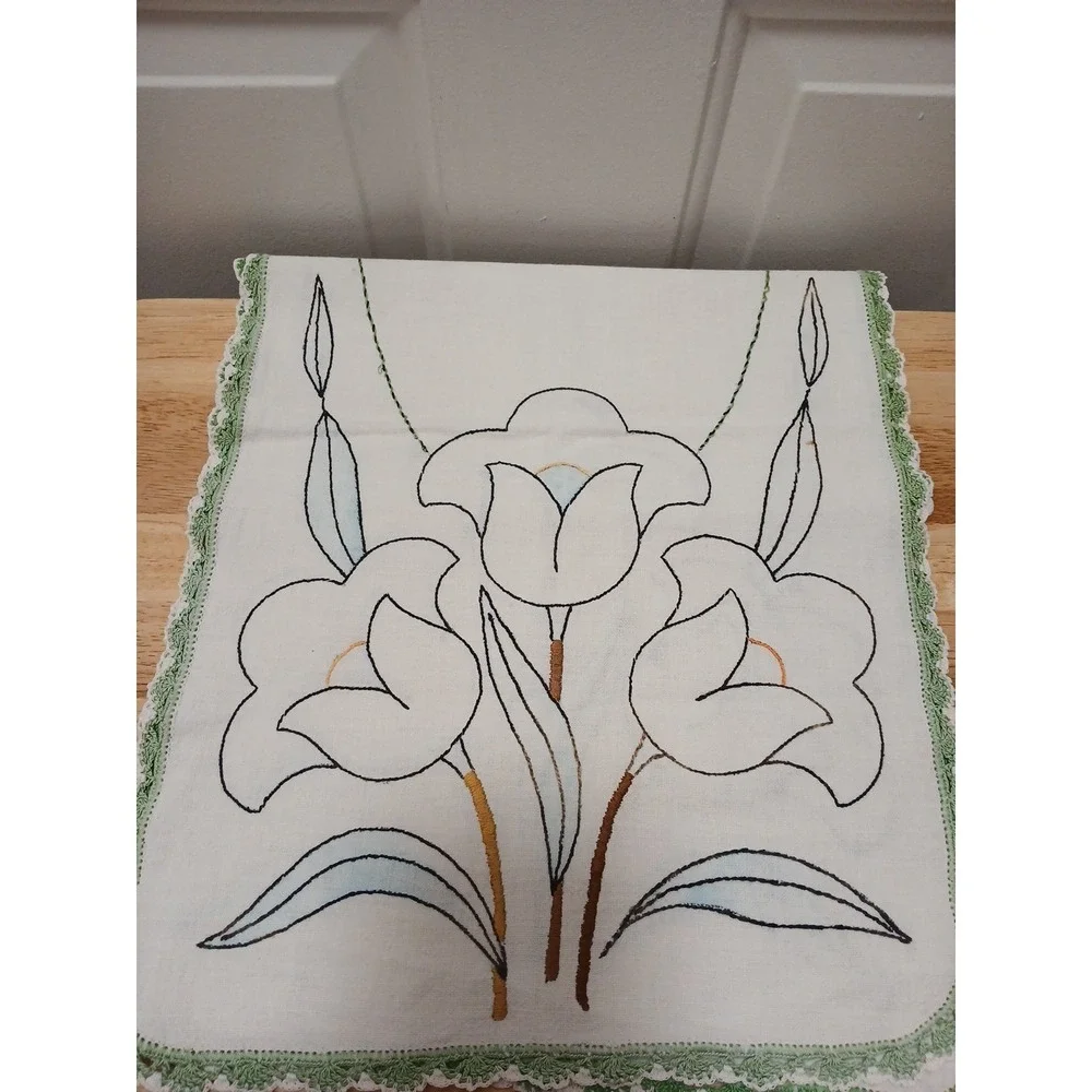 Vintage Hand Embroidered Tulips Table Runner Dresser Scarf Floral Table Decor